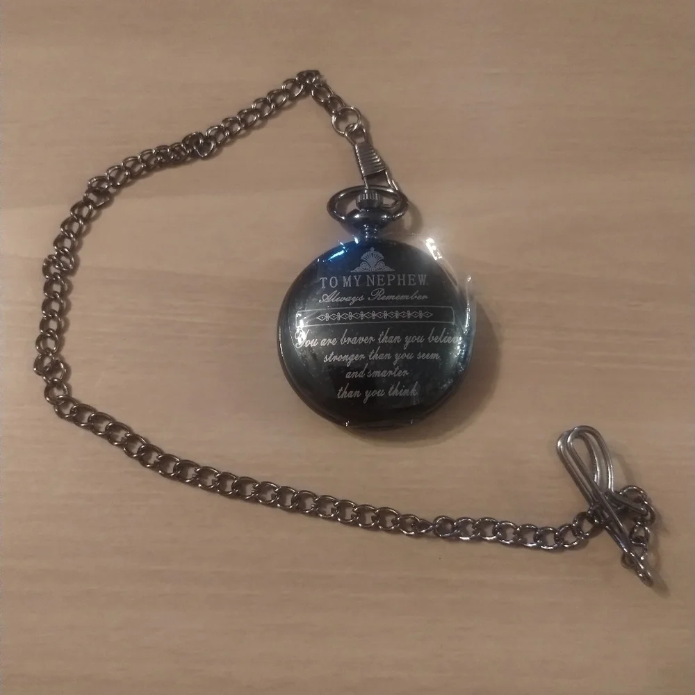 New Men's Nephew Gift Black Pocket Watch with Chain Birthday Christmas